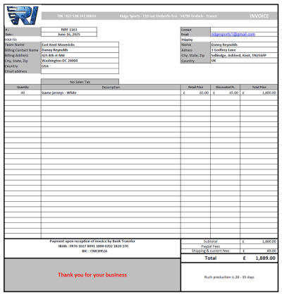 Invoice for East Kent Mavericks