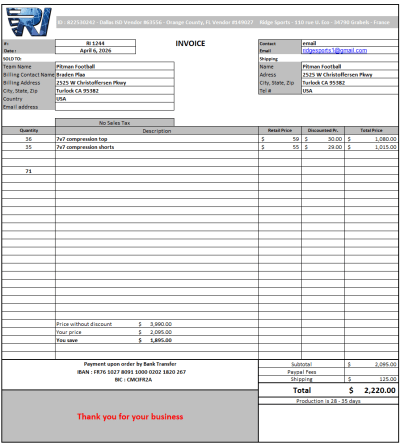 INVOICE 1244 Pitman Football