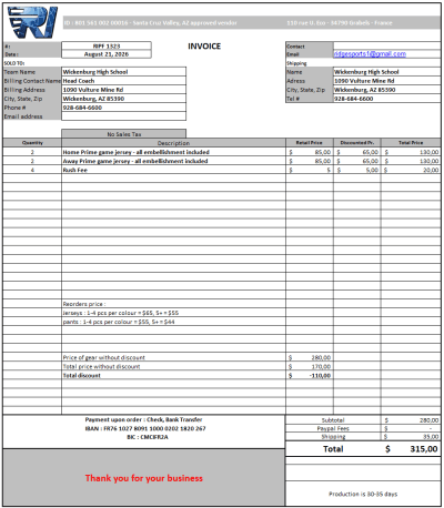 Wickenburg HS reorder invoice